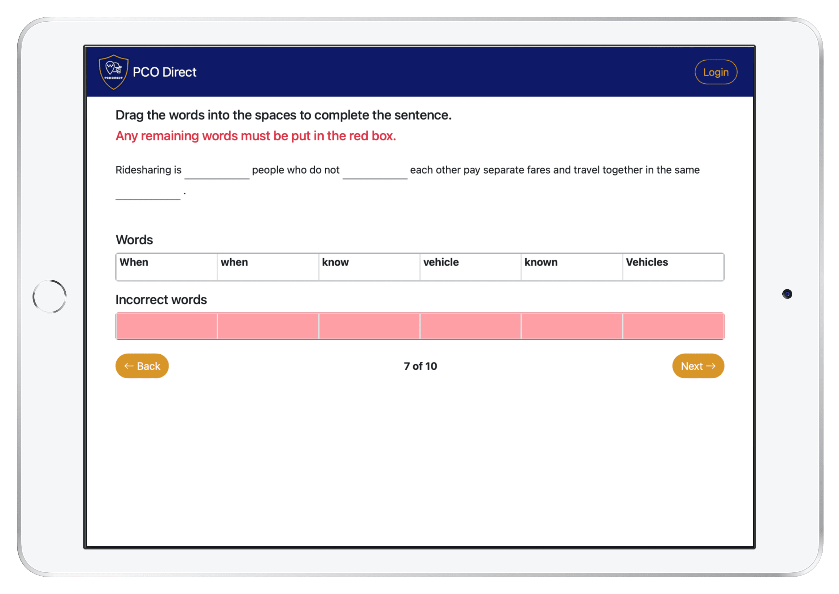 Sentence completion question on PCO Direct's SERU practice test shown on an iPad
